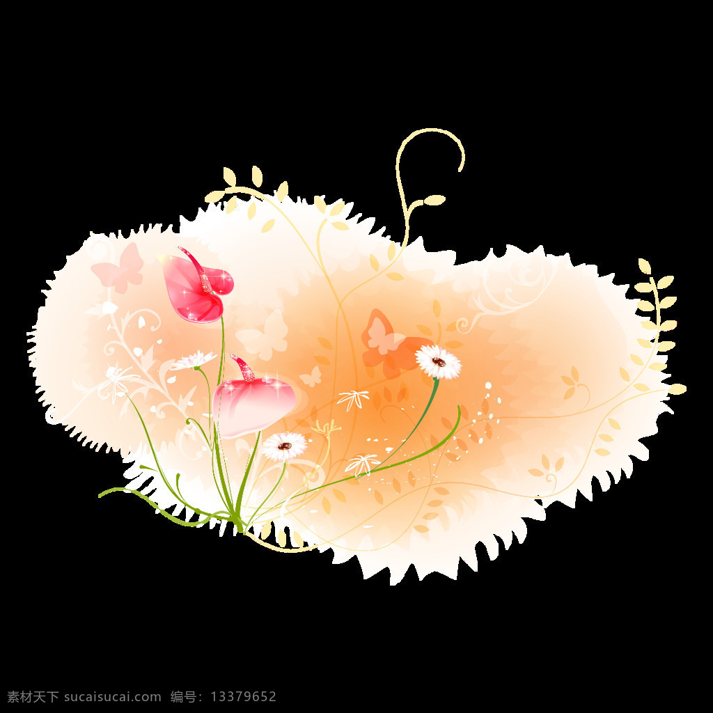 手绘 花朵 蝴蝶 元素 桔色 水墨 晕染 渐变 藤叶