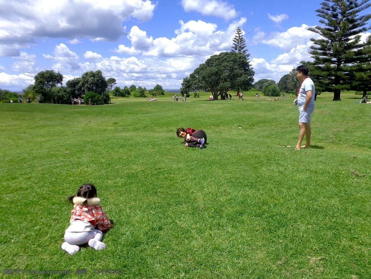 新西兰 海滨 公园 风景 蓝天 白云 云朵 海滨公园 绿树 绿地 草地 儿童 玩耍 风光 旅游摄影 国外旅游