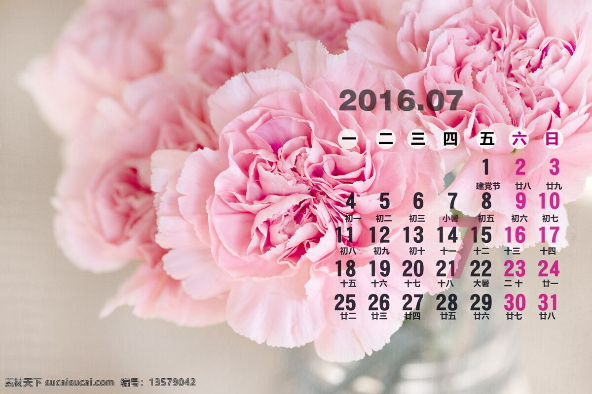 花朵 2016 年 月 日历 壁纸 高清 7月日历 2016年 7月 日历桌面
