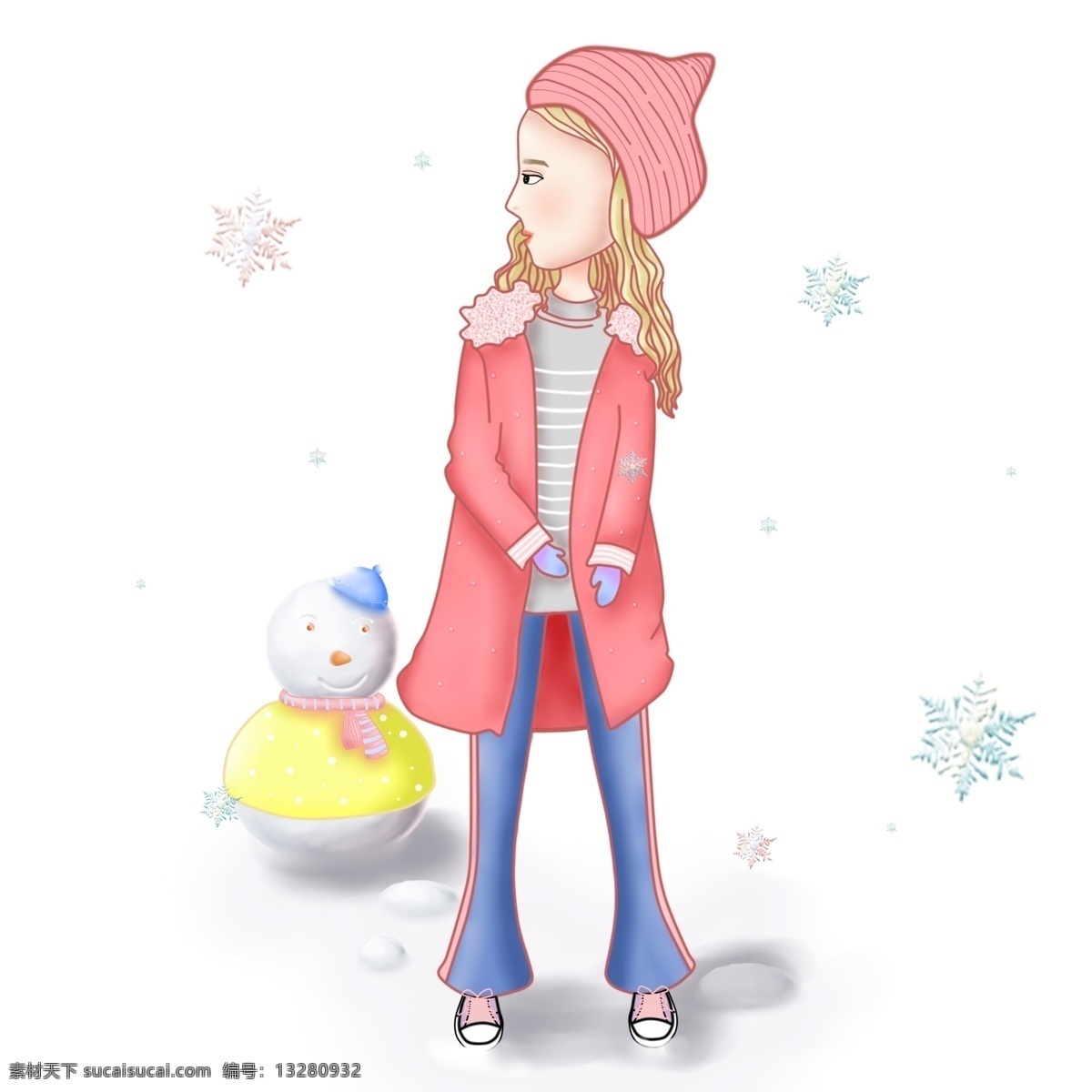 小 清新 少女 系 冬装 女孩 透明 底 图 雪花 可爱 冬天 插画 黄色 外套 风衣 大衣 帽子 针织帽 雪人 免抠 矢量 简单 粉色 牛仔裤 冷 手绘 平面设计