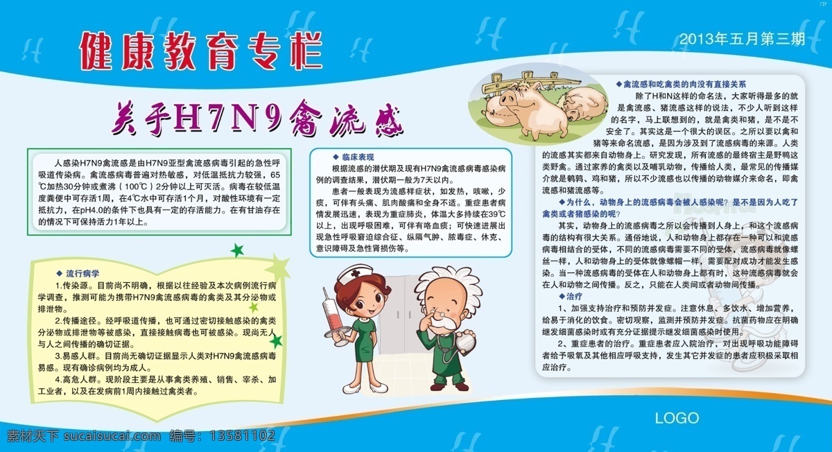 医院 门诊宣传栏 医院宣传栏 门诊 宣传栏 健康教育 医院插图 插图 漫画插图 人物插图 卡通人物 卡通护士 卡通医生 猪 禽流感知识 展板模板 广告设计模板 源文件