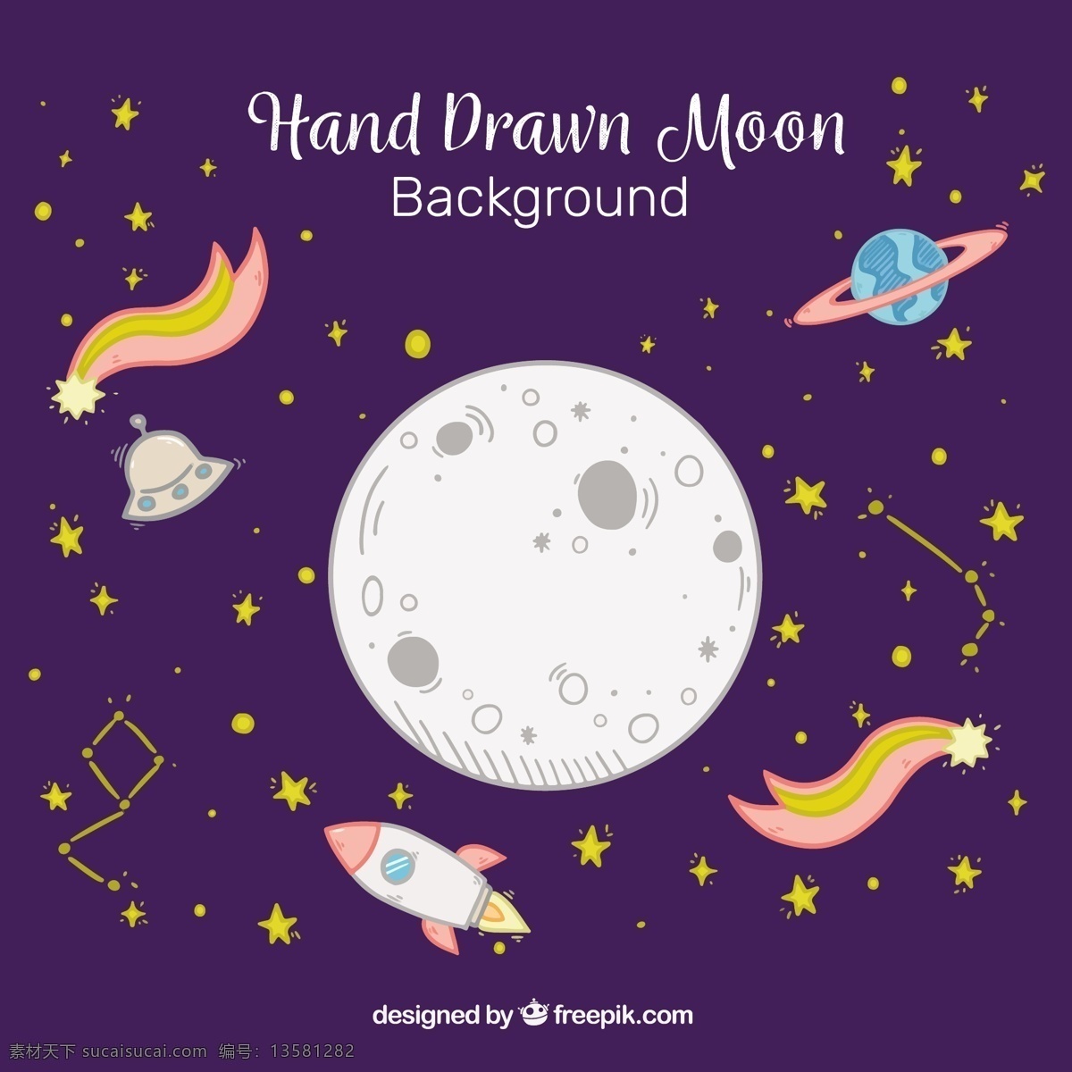 月球 背景 流星 火箭 手绘 风格 明星 一方面 光 色彩 月亮 星星 多彩的背景 晚上 行星 卫星 手绘风格 星座 绘制背景色 草图