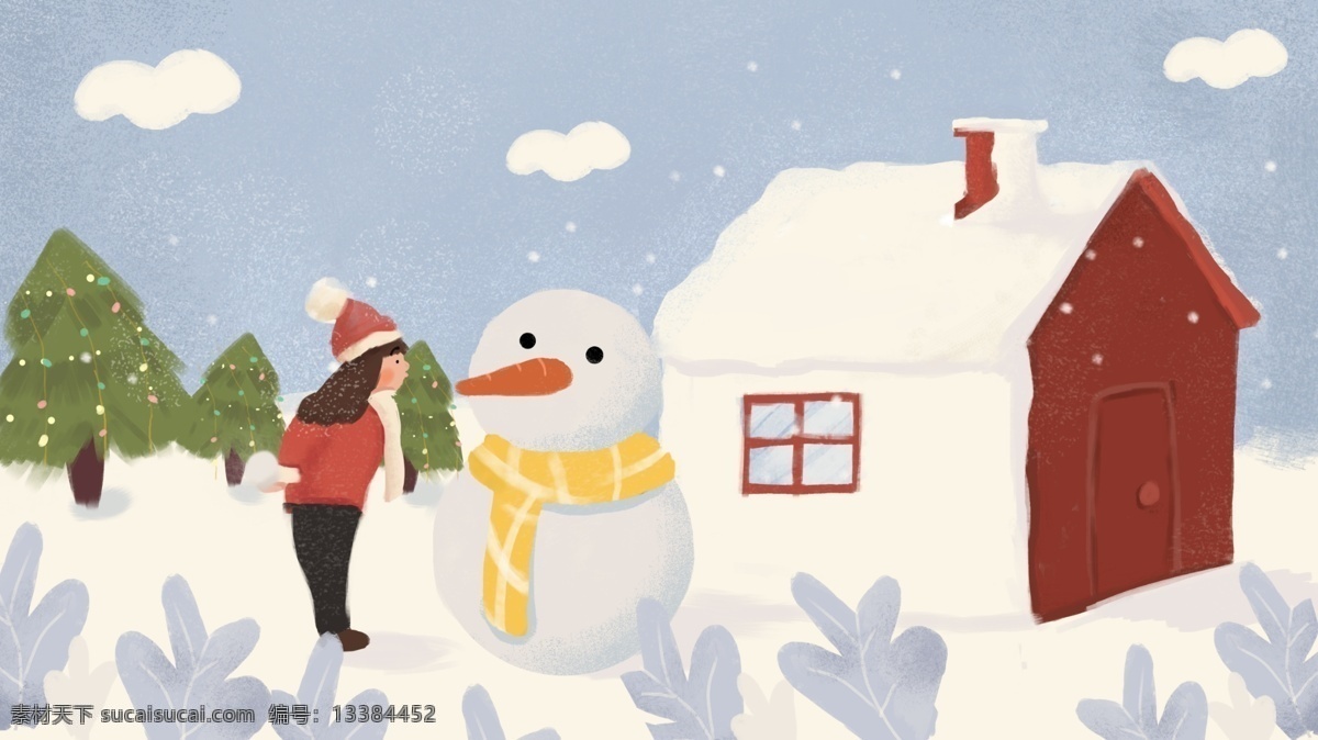 十一月 你好 清新 冬天 插画 雪人 房子 模板 人物 树木 雪地 海报 雪球
