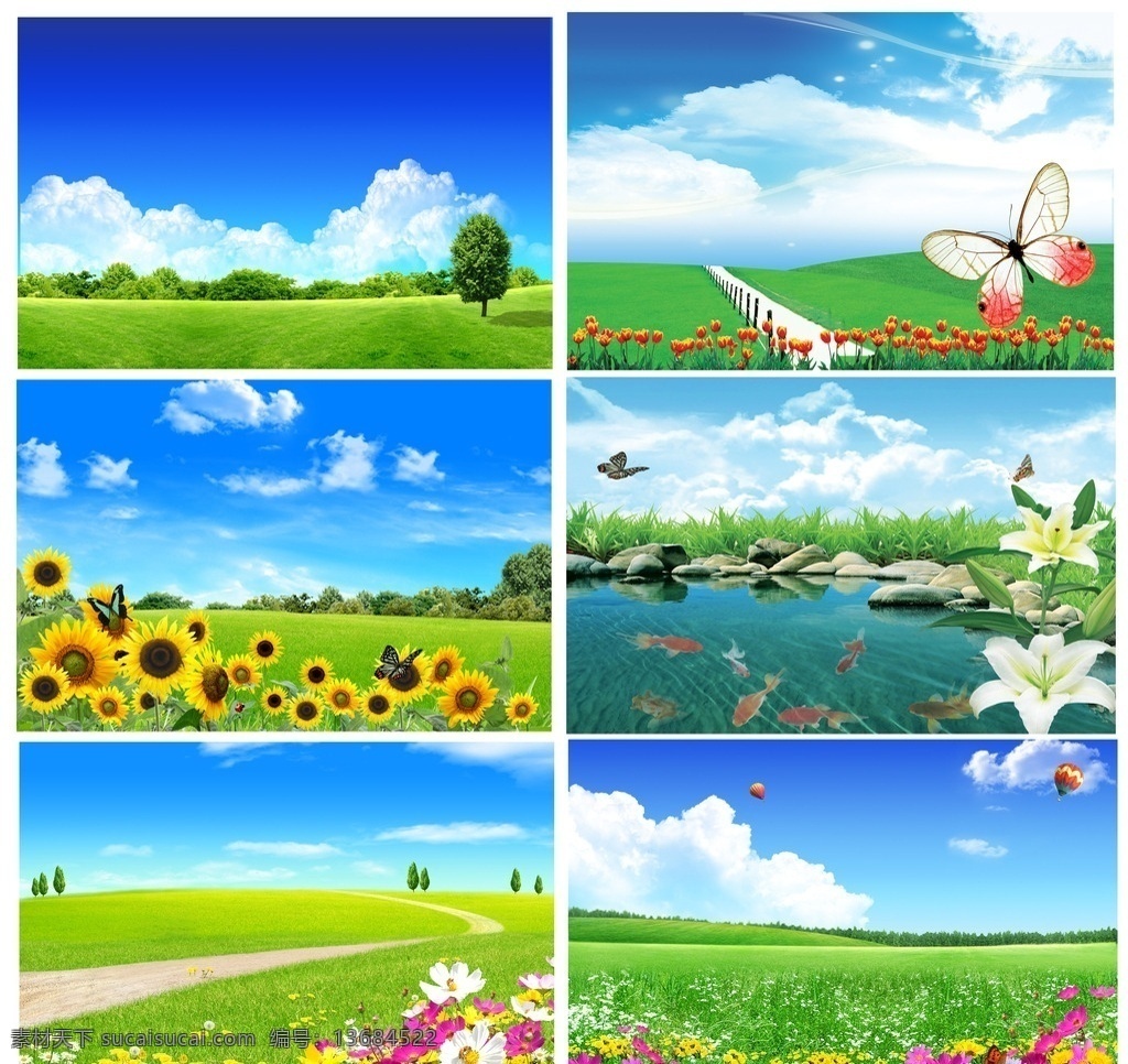 靓丽 大气 组 分层 风景 图 草地 蓝天 花 草 向日葵 蝴蝶 野花 背景