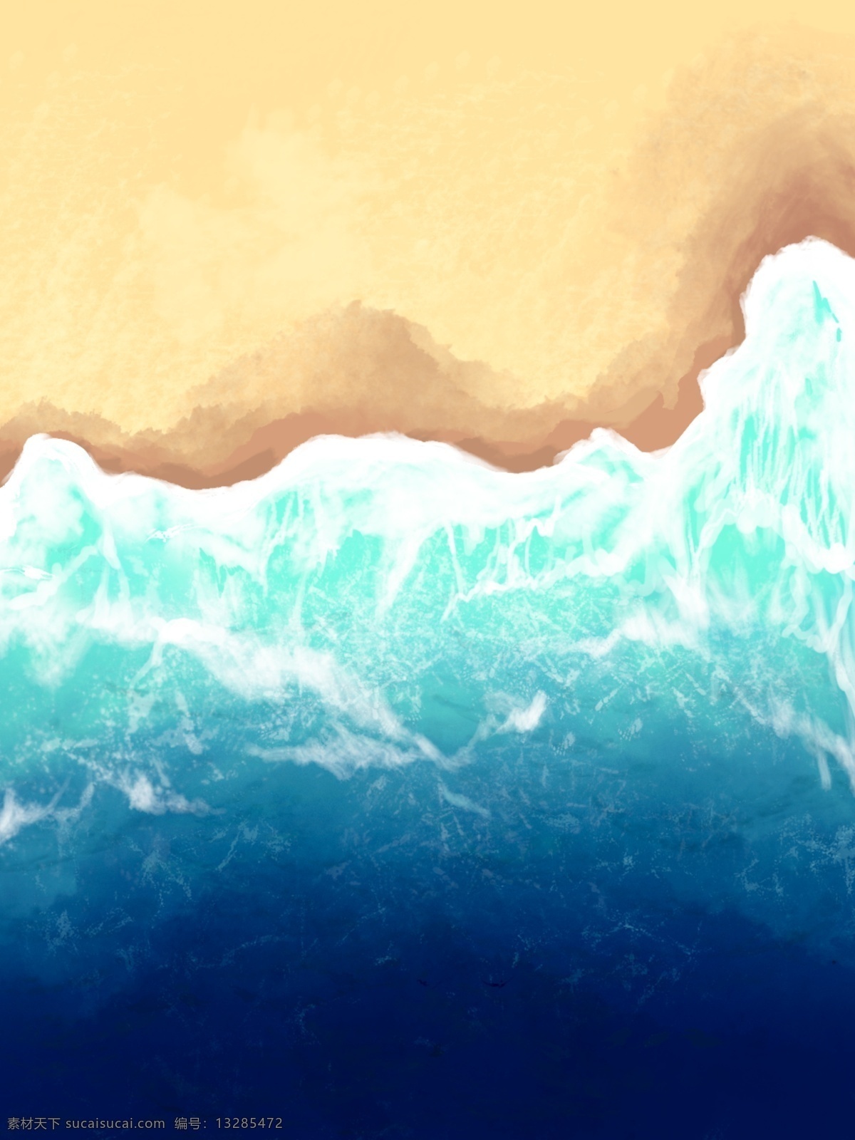 手绘 俯瞰 海洋 沙滩 背景 蓝色 清新 海浪