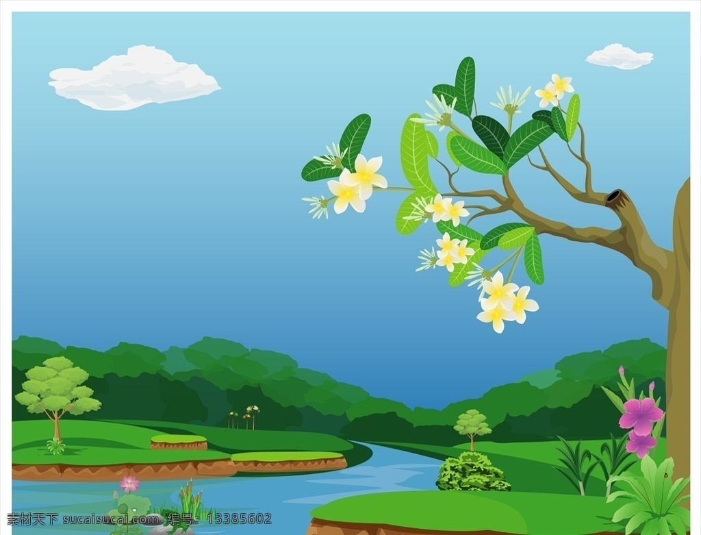 矢量风景 矢量植物 花艺 花园风景 扁平化 植物花草 花朵 矢量风景插画 山景 山水插画 装饰画 树木 卡通风光 绿色风景 环保插画 田园风光 墙贴画 动漫动画