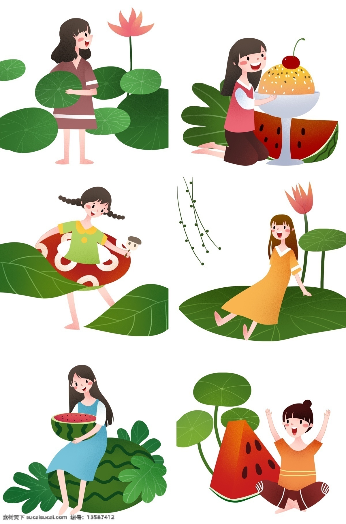 立夏 合集 卡通 插画 立夏的合集 卡通插画 立夏插画 夏天插画 夏季插画 热天 暑天 荷叶 西瓜 荷花