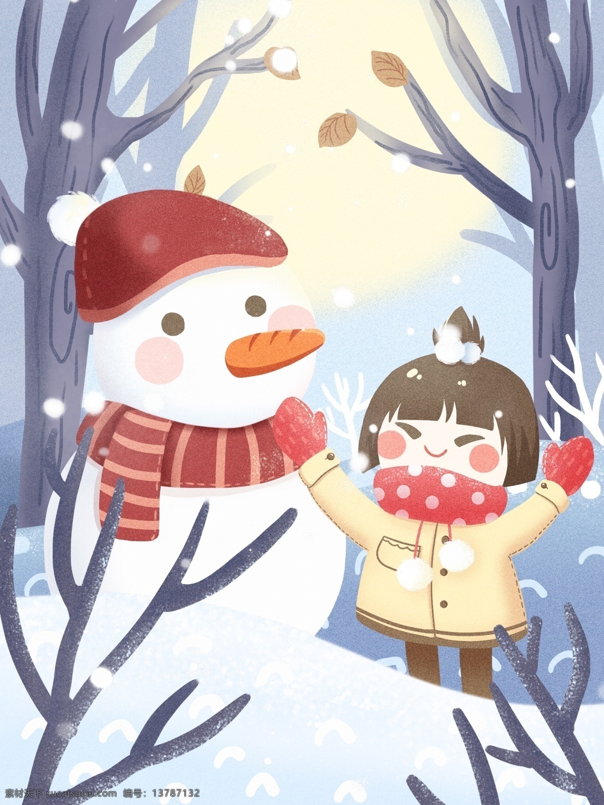 冬天 你好 小孩 堆 雪人 迎 小清新 可爱 插画 堆雪人 下雪 治愈系 原创