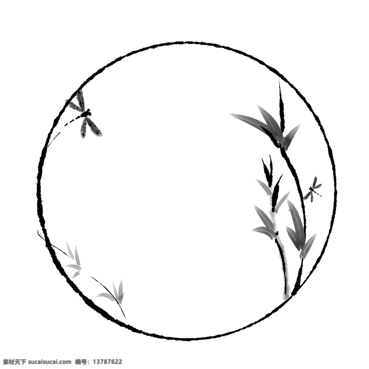 水墨 植物 边框 插画 水墨圆形边框 植物装饰边框 蜻蜓边框插画 中国 风 边框装饰 圆形