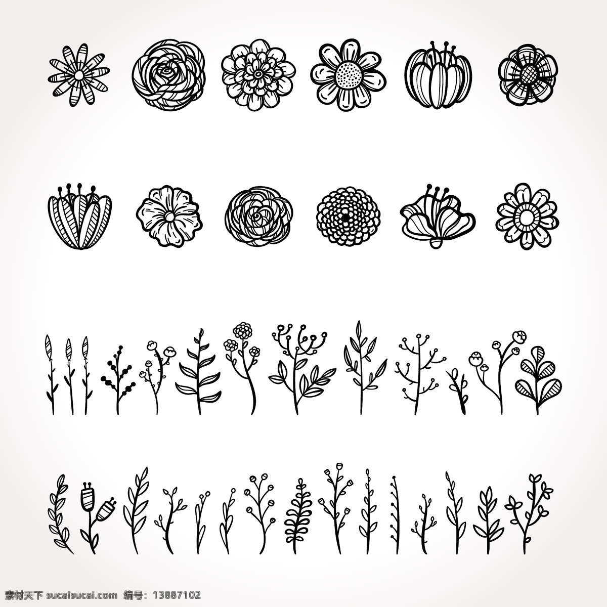 原创 手绘 风格 花卉 植物 元素 贴纸 装饰 复古 钢笔画 贴图