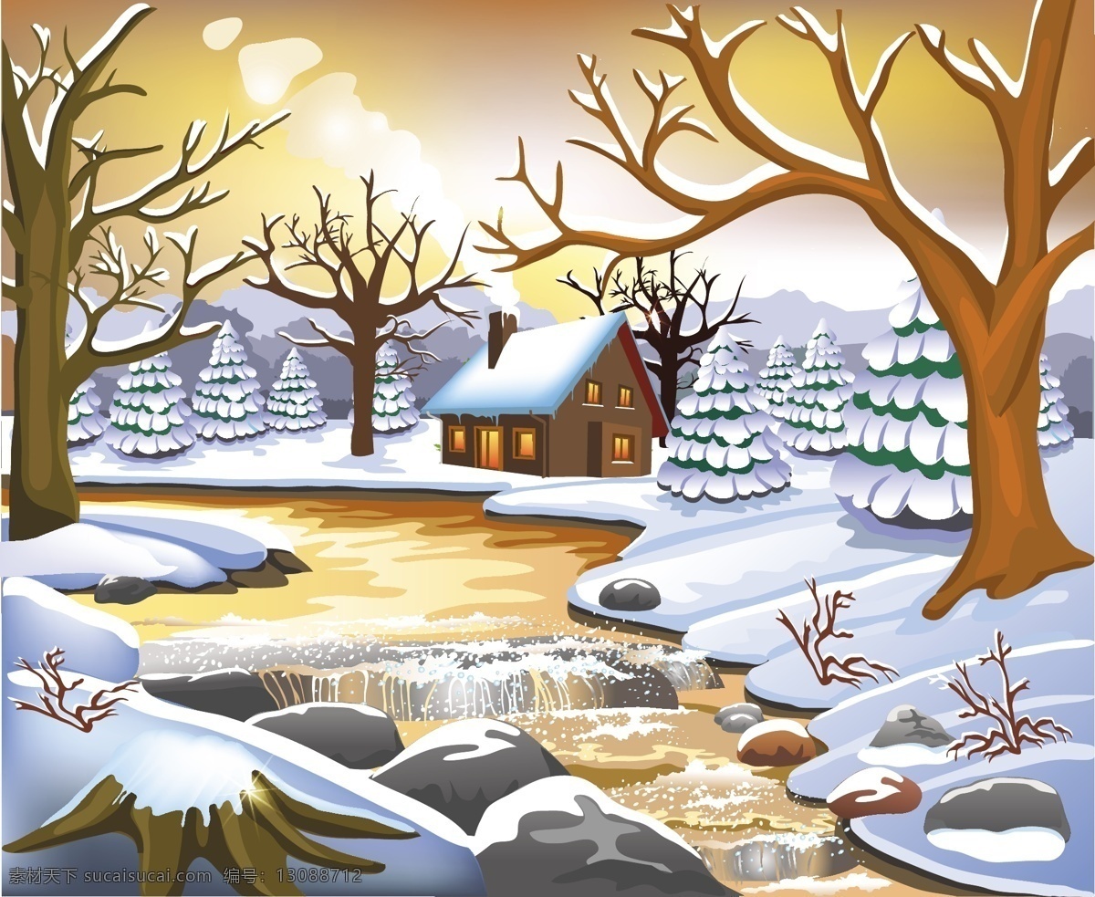 背景 冬季 冬天 房屋 风景 河流 节日素材 梦幻 圣诞 雪景 矢量 模板下载 圣诞雪景 树林 树木 时尚 自然风景 风光 主题 自然景观 圣诞节 其他节日