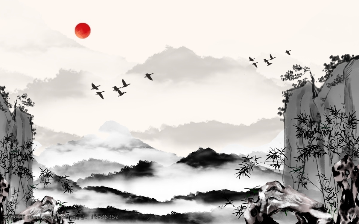 水墨 风 山水 飞鸟 定制 电视 背景 墙 山水画 中国风 中式 定制背景墙