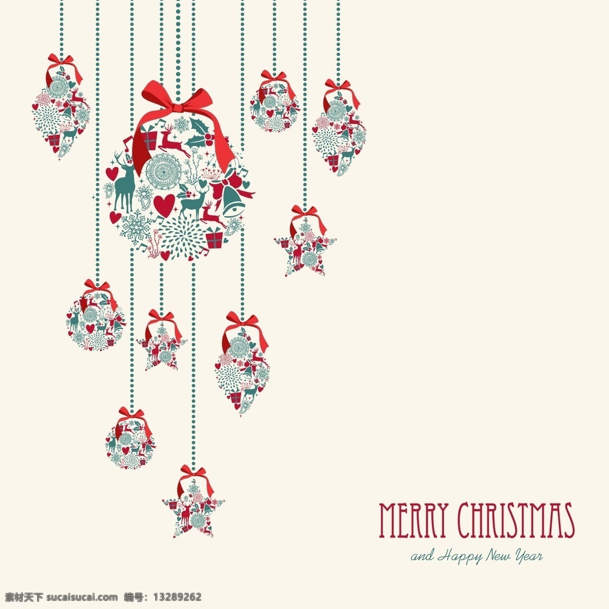 复古 圣诞 吊球 海报 矢量 蝴蝶结 圣诞节 圣诞吊球 麋鹿 雪花 装饰 背景 插画 槲寄生 五角星 白色