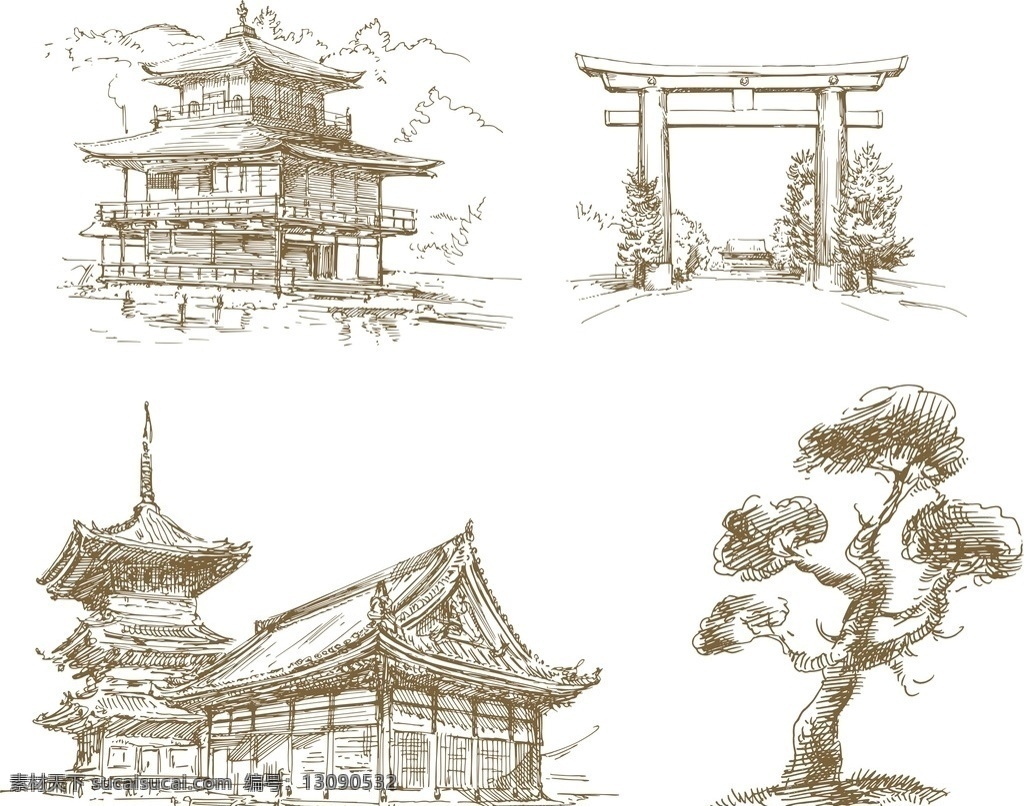 线条 古典建筑 古建筑 线条图 建筑 图案 寺庙 大雄宝殿 大殿 封建 古典 古代 牌坊 插画 古树 手绘图 矢量 多样 设计稿 杂的