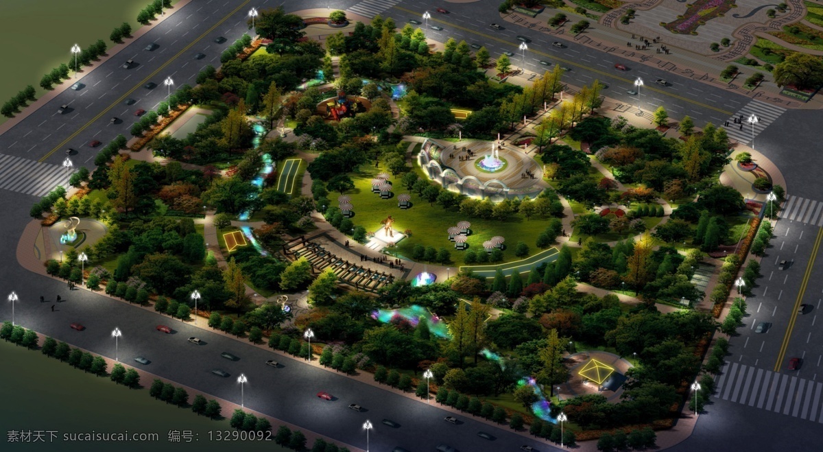 公园 夜景 效果图 路灯 亭子 喷泉 广场 环境 植物 景观 景观设计 环境设计 源文件