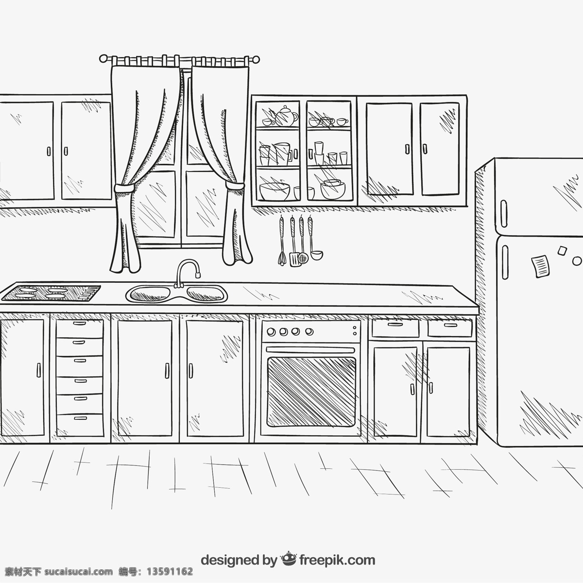 手绘整洁厨房 手绘厨房 厨房 厨具 厨房用品 冰箱 窗帘 碗柜 烤箱 勺子 铲子 组合柜 窗户 水壶
