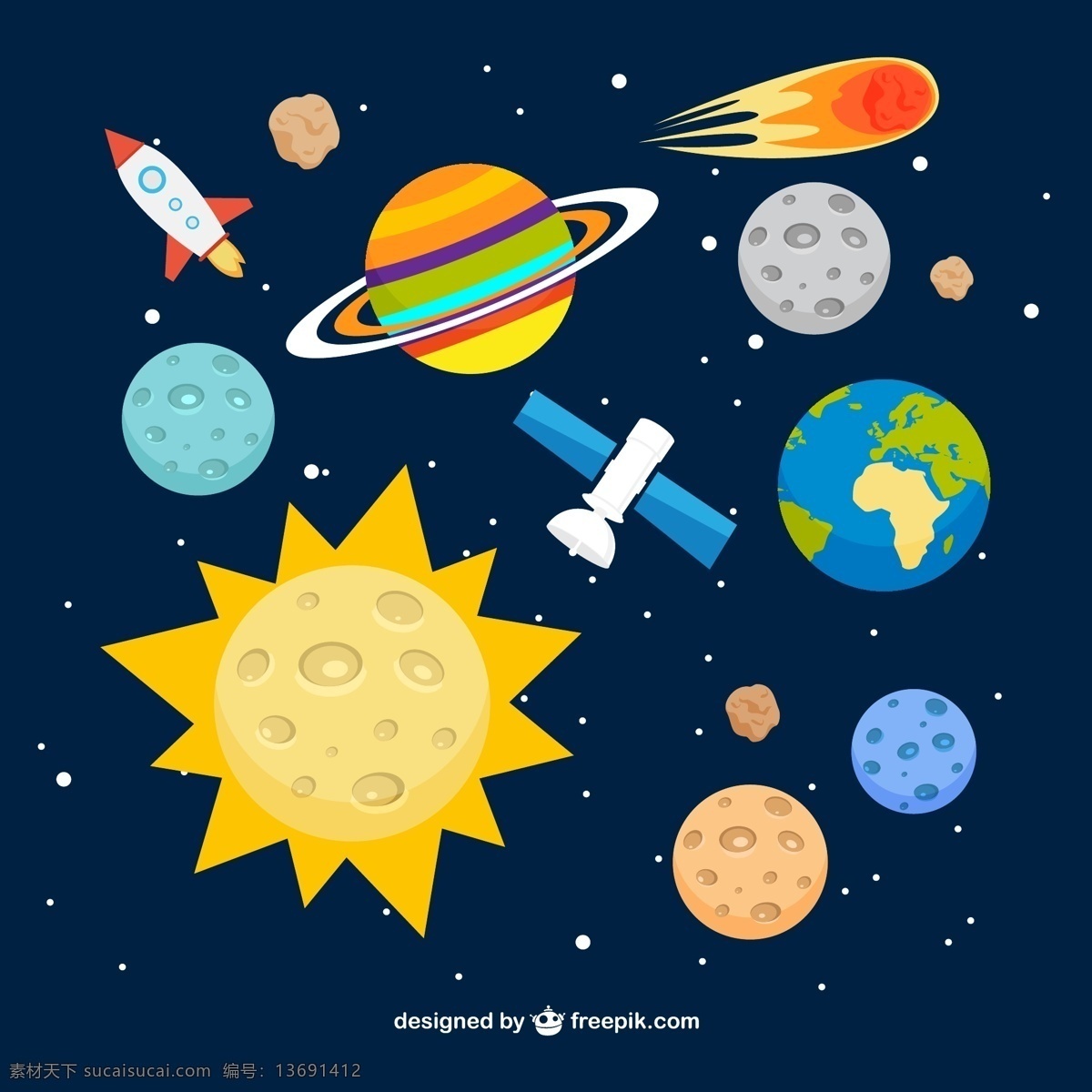 卡通 宇宙 插画 矢量 火箭 星球 发射 卫星 地球 爆炸 星空 太空 太阳 行星 土星 彗星 图标 标签 背景 海报 画册 经典实用 卡通设计 黄色