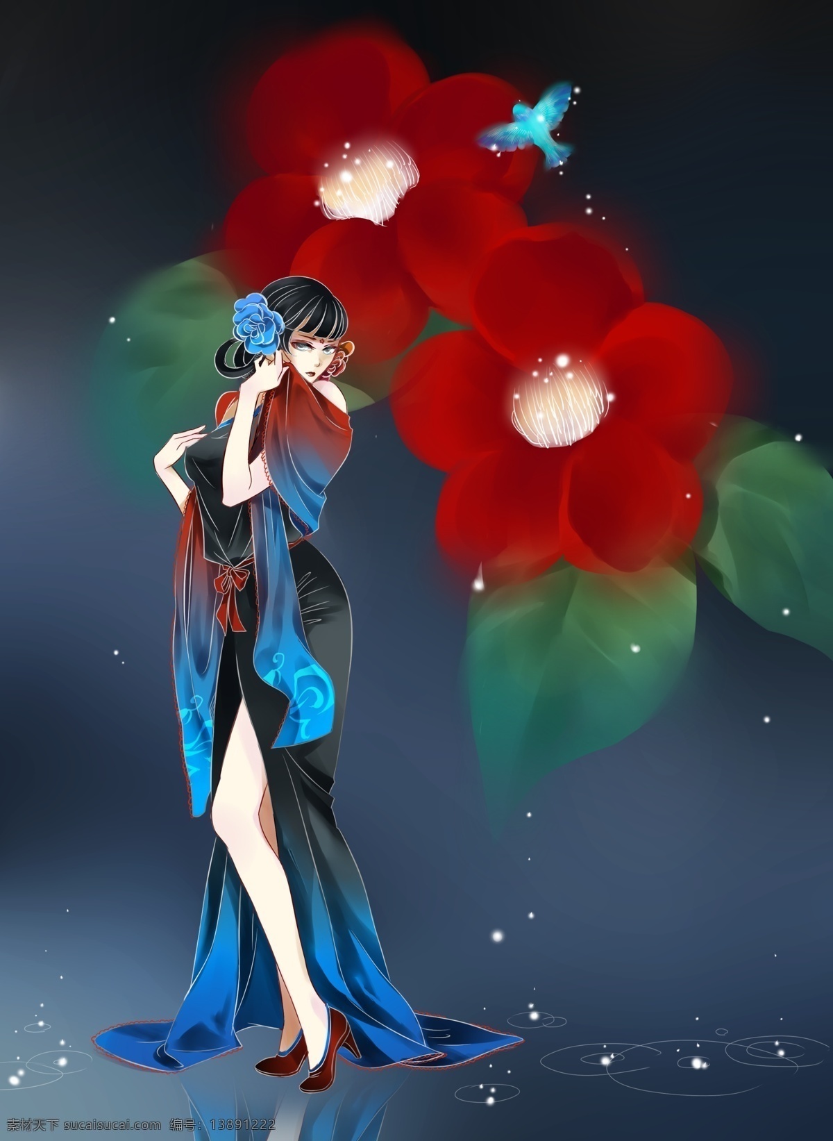 插画 潮流时尚 cg 女孩 旗袍 雨滴 雨水 牡丹 杜鹃 夜莺 鸟 露水 花 黑夜 和服 汉服 卡通 手绘 背景 图 人物 分层 源文件