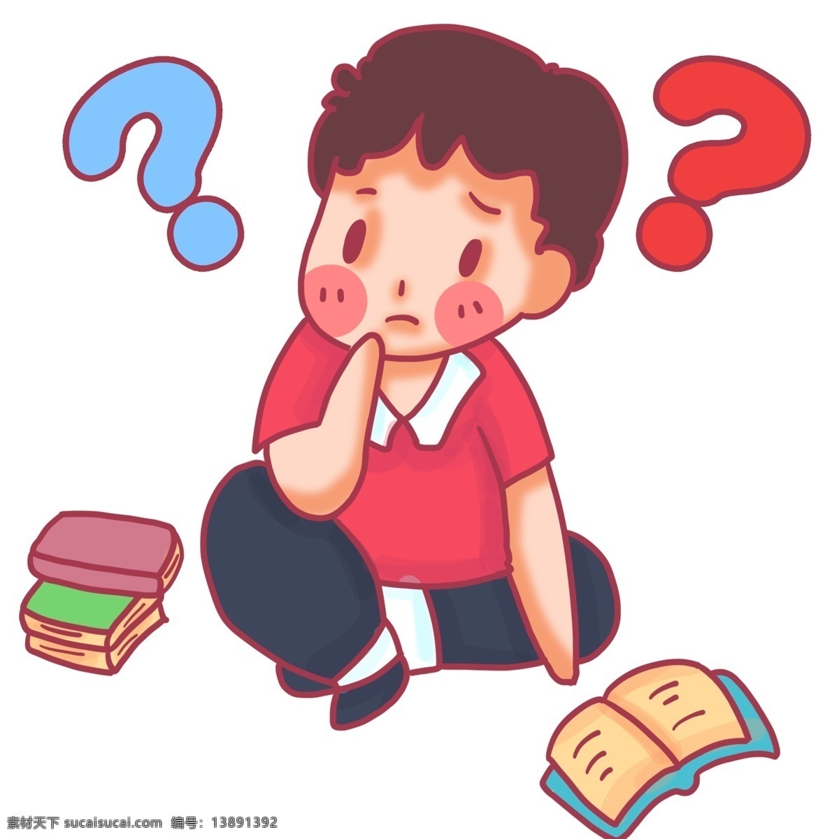 思考 小男 生 疑问 红色衣服 书本 读书 小男生 考虑 疑惑 困惑 问号 符号 萌 可爱 卡通 人物 提问 思考中的人