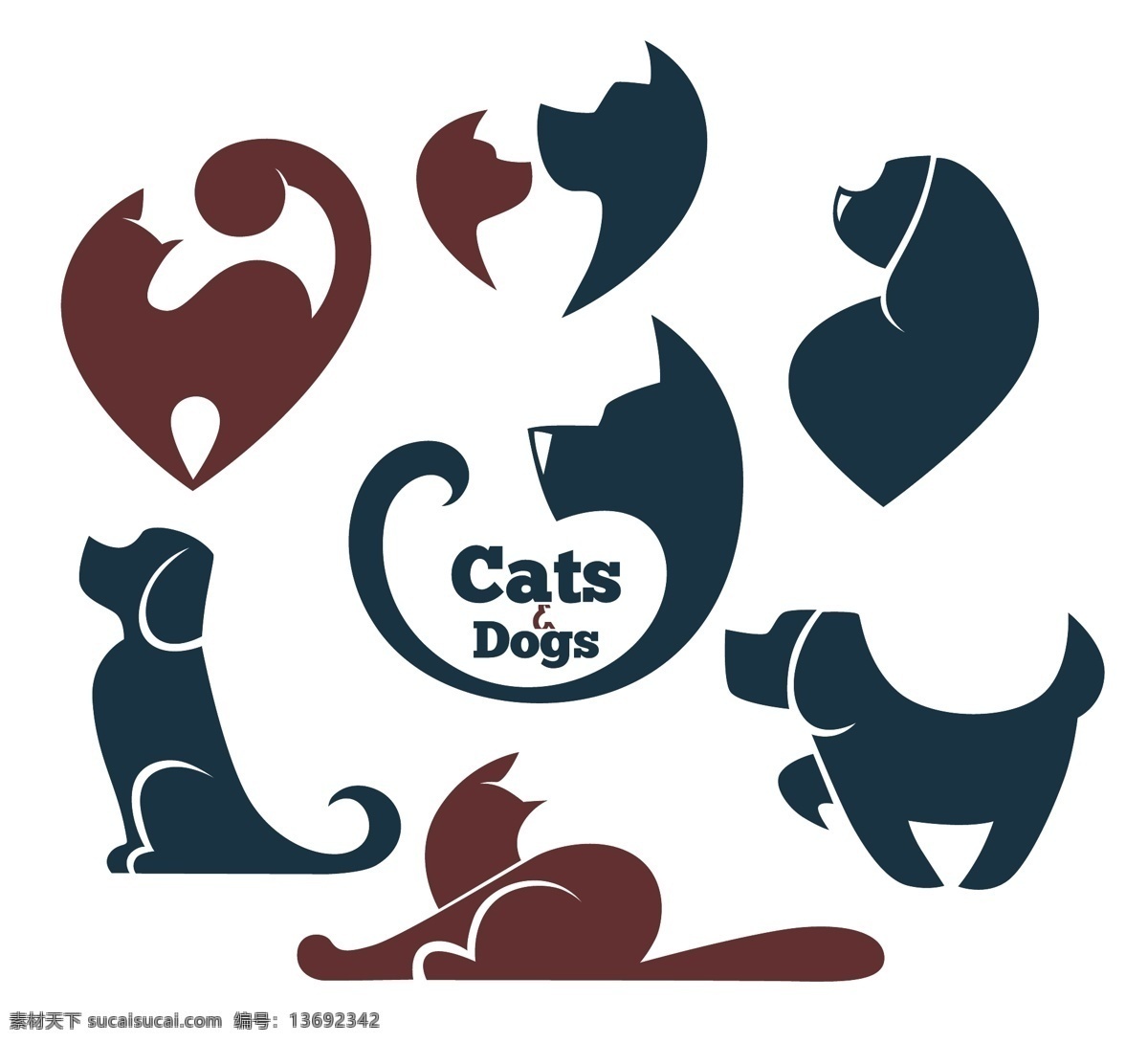 猫和狗 手绘 卡通动物 动物插画 小猫 小狗 简约图案 白色