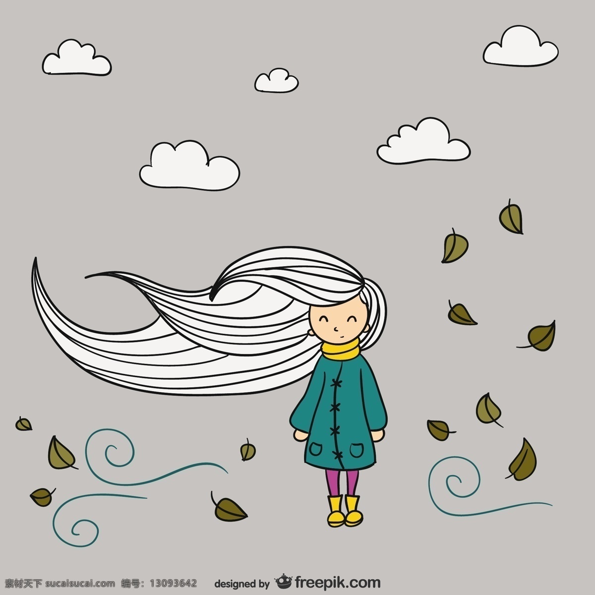 秋姑娘 宝贝 孩子的头发 卡通 秋天 冬天 森林 可爱的公园 小女孩 绘画 插图 空气 风 冬天的背景 嬉皮士 女人的头发 可爱的女孩 灰色