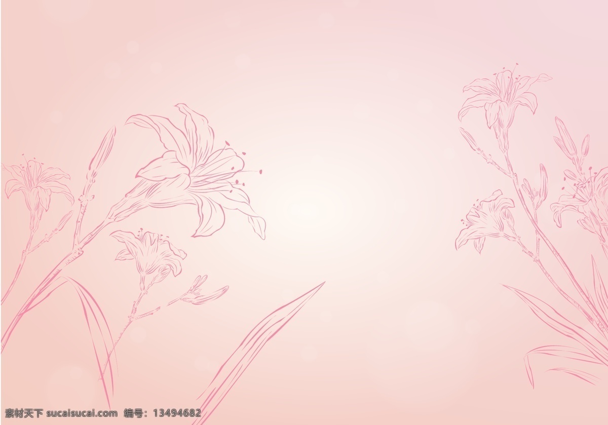 百合花 粉色背景 线条花纹 手绘花朵 叶子 花苞 梦幻背景 矢量花朵 装饰花纹 墙纸 展板 海报 卡片 设计素材 底纹背景 底纹边框 矢量