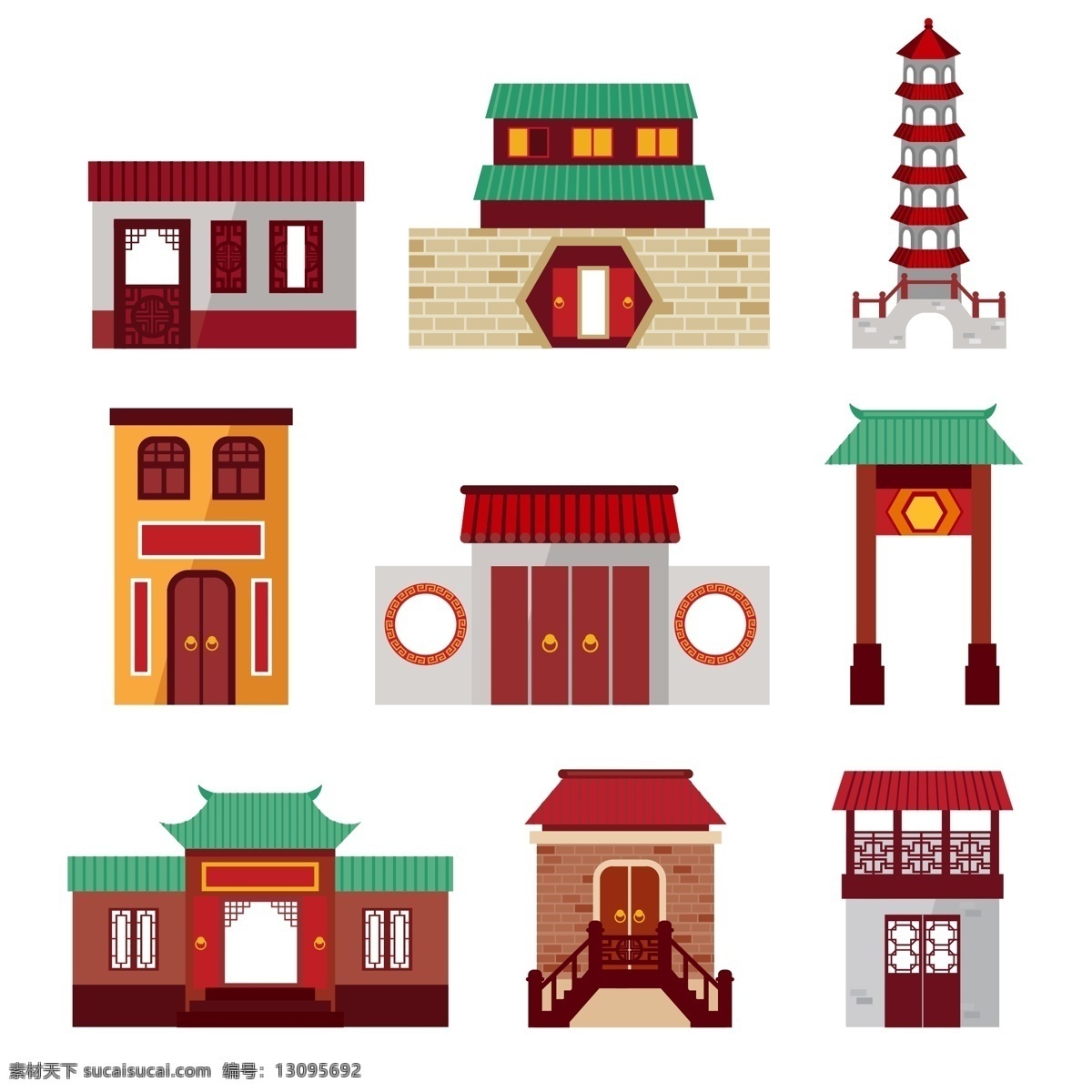 中国 传统 仿古建筑 插画 仿古 风景 高塔 建筑 牌坊 外观 中国传统