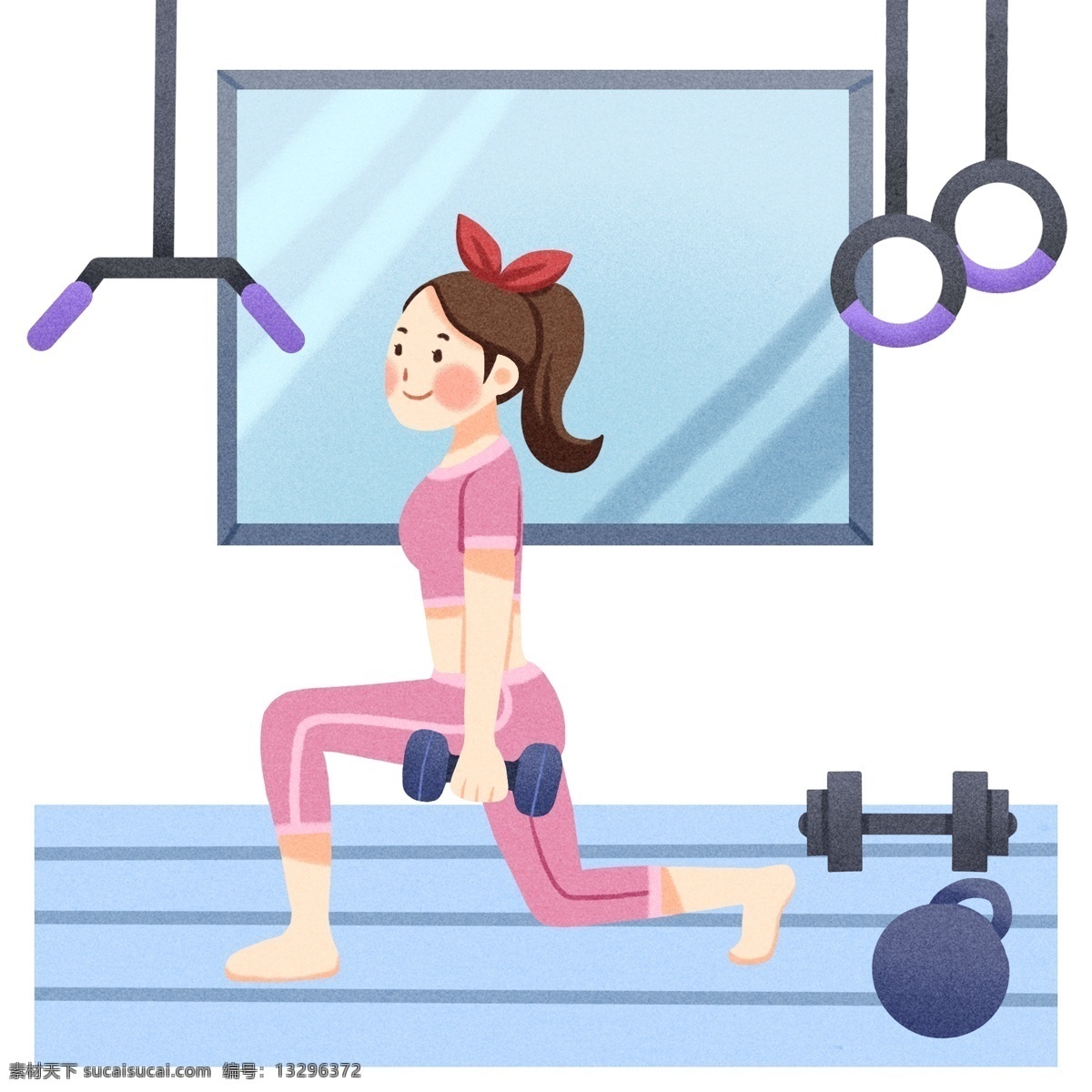 健身房 健身器材 插画 手绘健身器材 卡通健身器材 漂亮 精致 红色的发饰