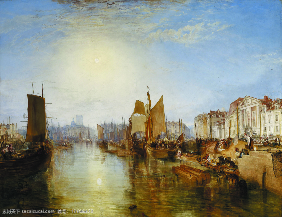 大师 画家 古典 画 建筑 景物 装饰画 油画 dieppe of harbor the turner william mallord joseph 人物 高清 西方 国外 现代 家居装饰素材