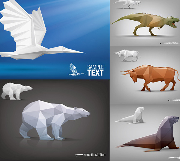 卡通 动物 剪纸 矢量图 晶格化 几何图形 大雁 恐龙 牛 海狮 海豹 熊 折纸 灰色