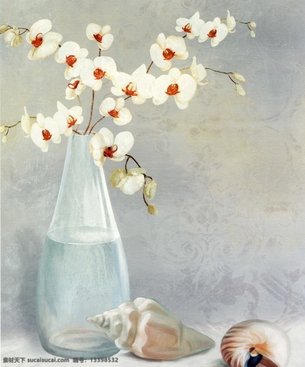 手绘画 装饰画 画芯 花芯 花瓶 花草植物 花朵 海螺 绘画书法 文化艺术