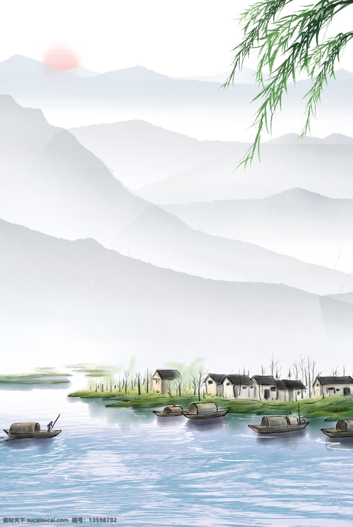 彩色 水墨 中国 风 风景 海报 远山 小舟 红日 山水 水墨山水 山水背景 中国风