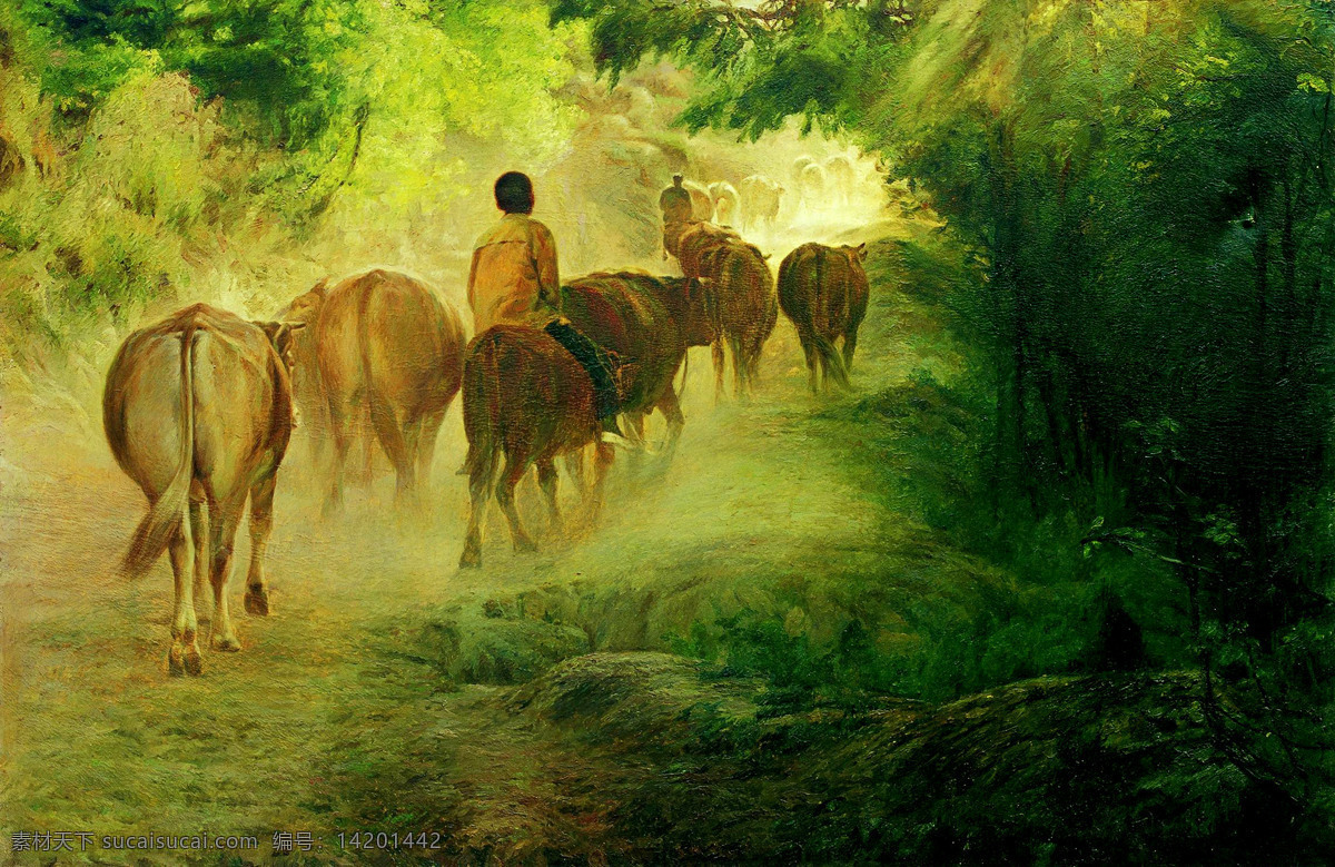 牧归 美术 绘画 油画 树林 牛群 黄牛 牧民 树木 油画艺术 油画作品36 绘画书法 文化艺术