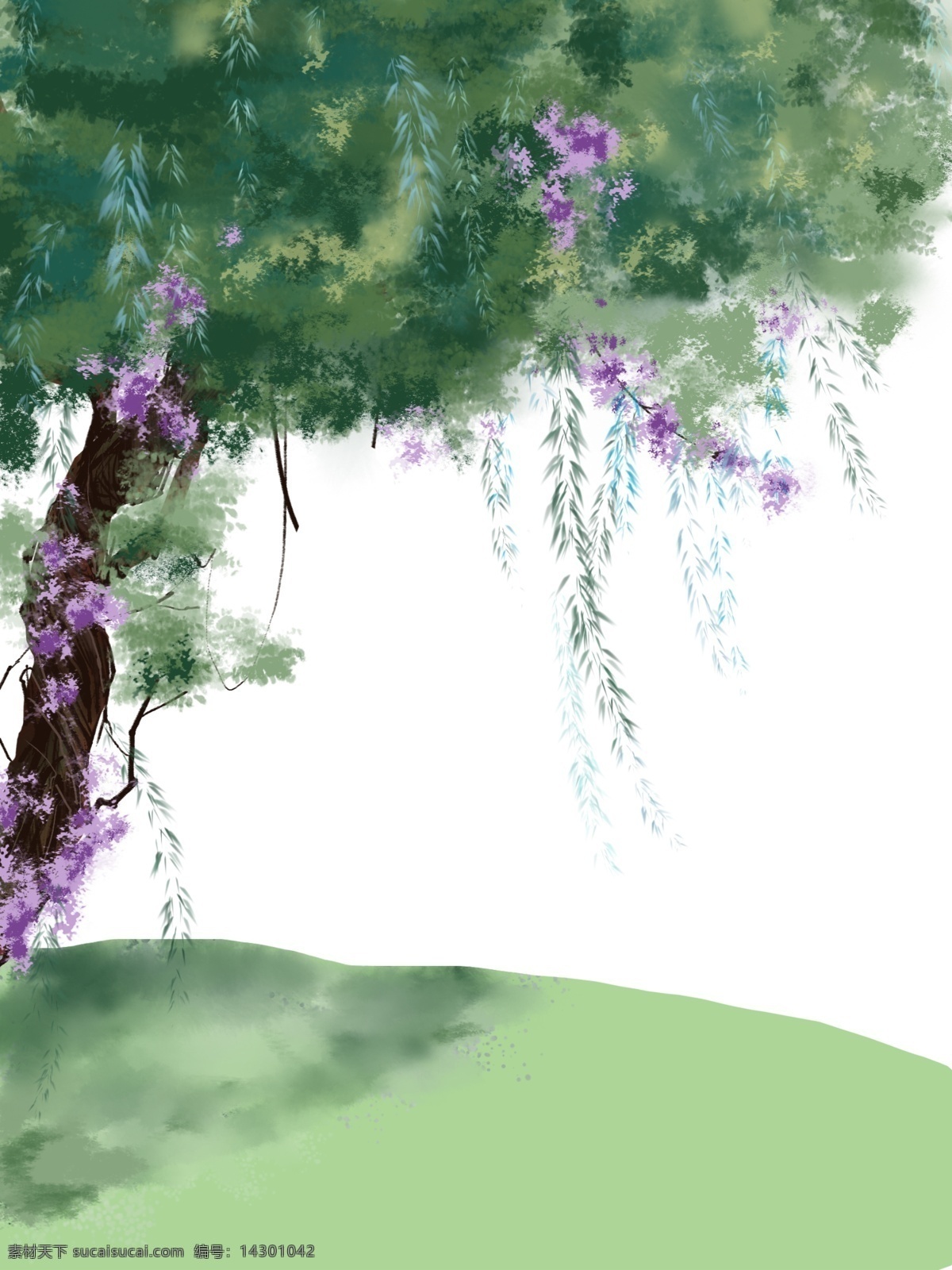手绘 春季 大树 草地 背景 手绘背景 背景图 创意 花枝 psd背景 背景展板 特邀背景 促销背景