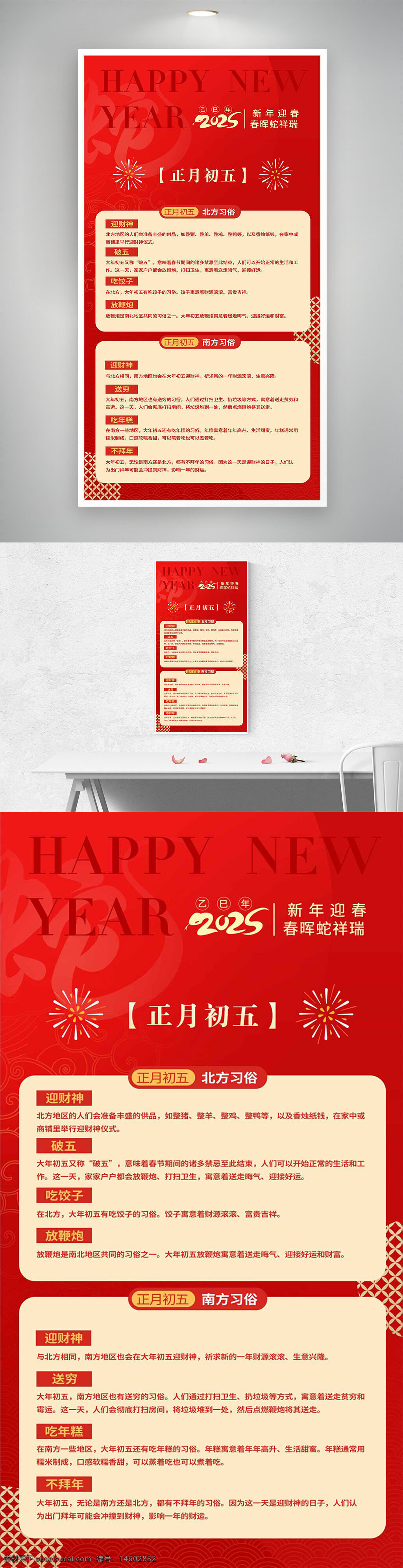 春节海报 蛇年海报 新年初五 南北方习俗 年俗文化 迎财神 破五习俗 吃饺子 放鞭炮 送穷习俗 吃年糕 红色背景 节日庆祝 新春海报