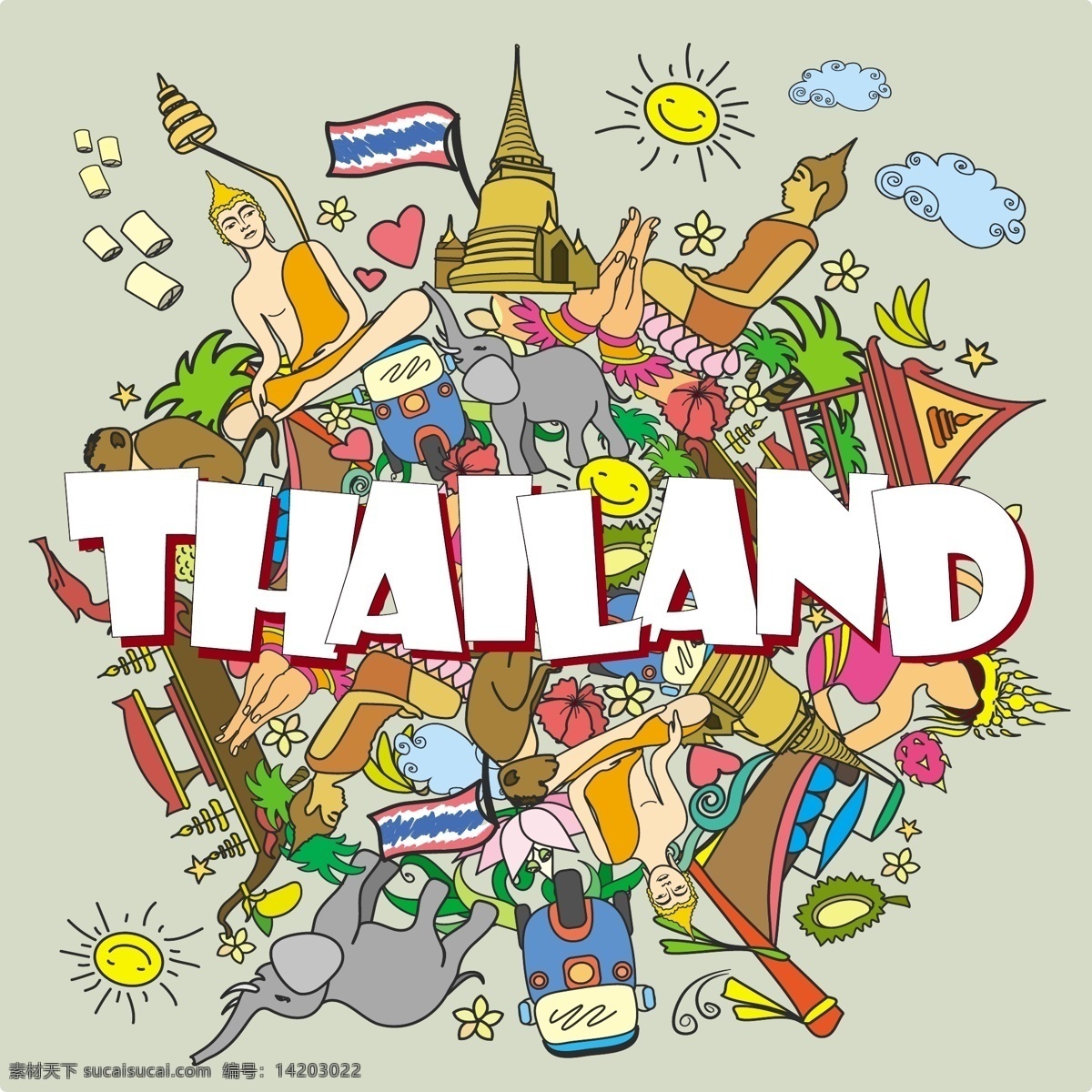 地球 创意 泰国 旅游 场景 海报 矢量 卡通 手绘 暑假 千手佛 插画 大象 电动三轮车 蛇 狮子