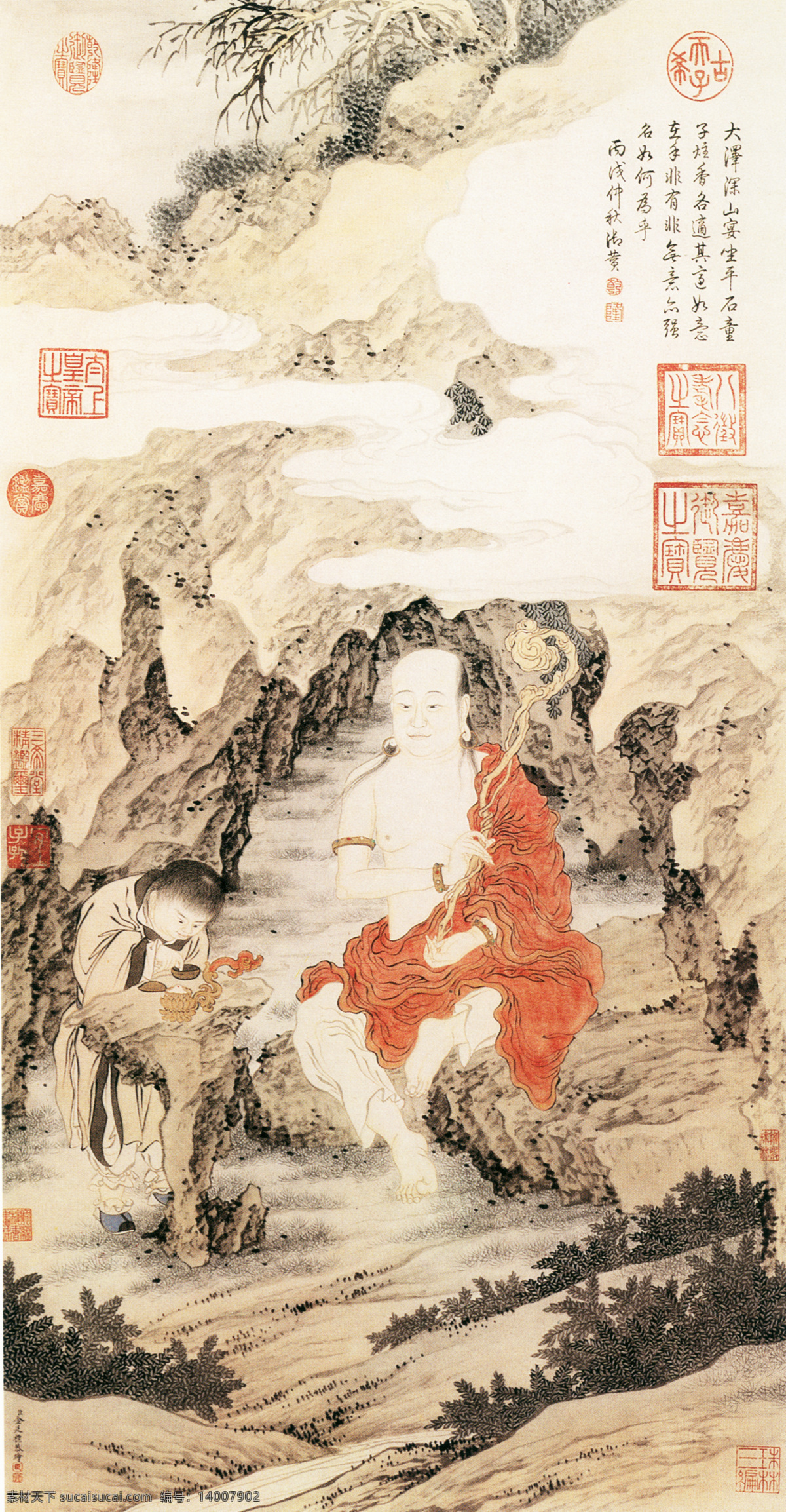 山水 名画 书画 罗汉 图 名家 金 廷 标 真迹 古画 山水画 书画真迹 中国水墨画 罗汉图 名家金廷标 立轴 纸本 设色 罗汉一尊 袒胸赤足 依山 盘腿 席地而坐 文化艺术