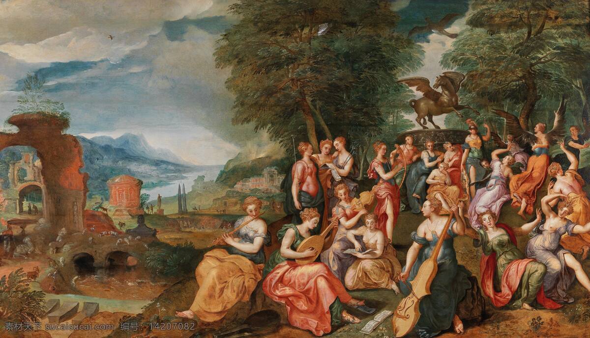 缪斯 皮 厄里 斯 较量 希腊神话故事 歌咏比赛 较逐 众仙女 人类 喜鹊 古典油画 油画 文化艺术 绘画书法