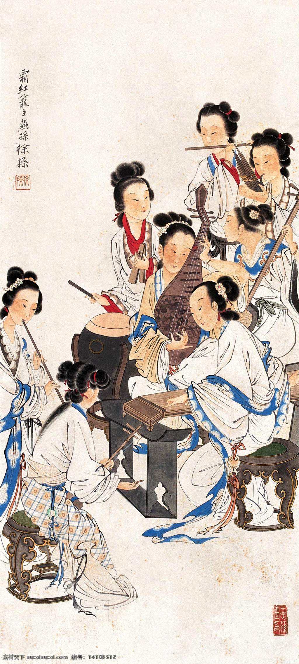 仕女群乐图 国画 工笔 人物 仕女 绘画 写意 中国风 绘画书法 文化艺术