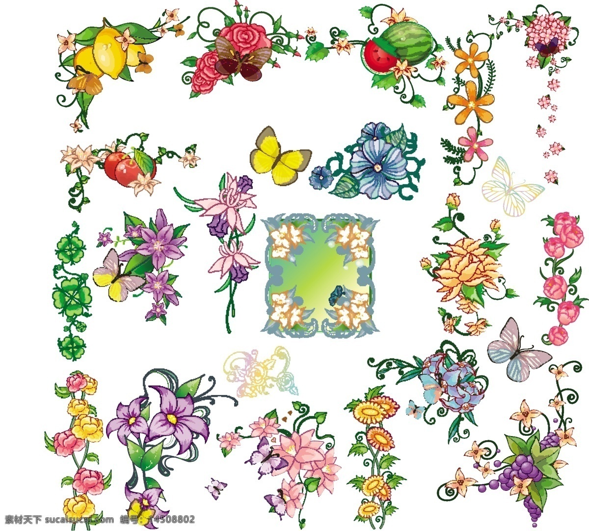 水果和鲜花 蝴蝶 花边 矢量 水果 花 白色
