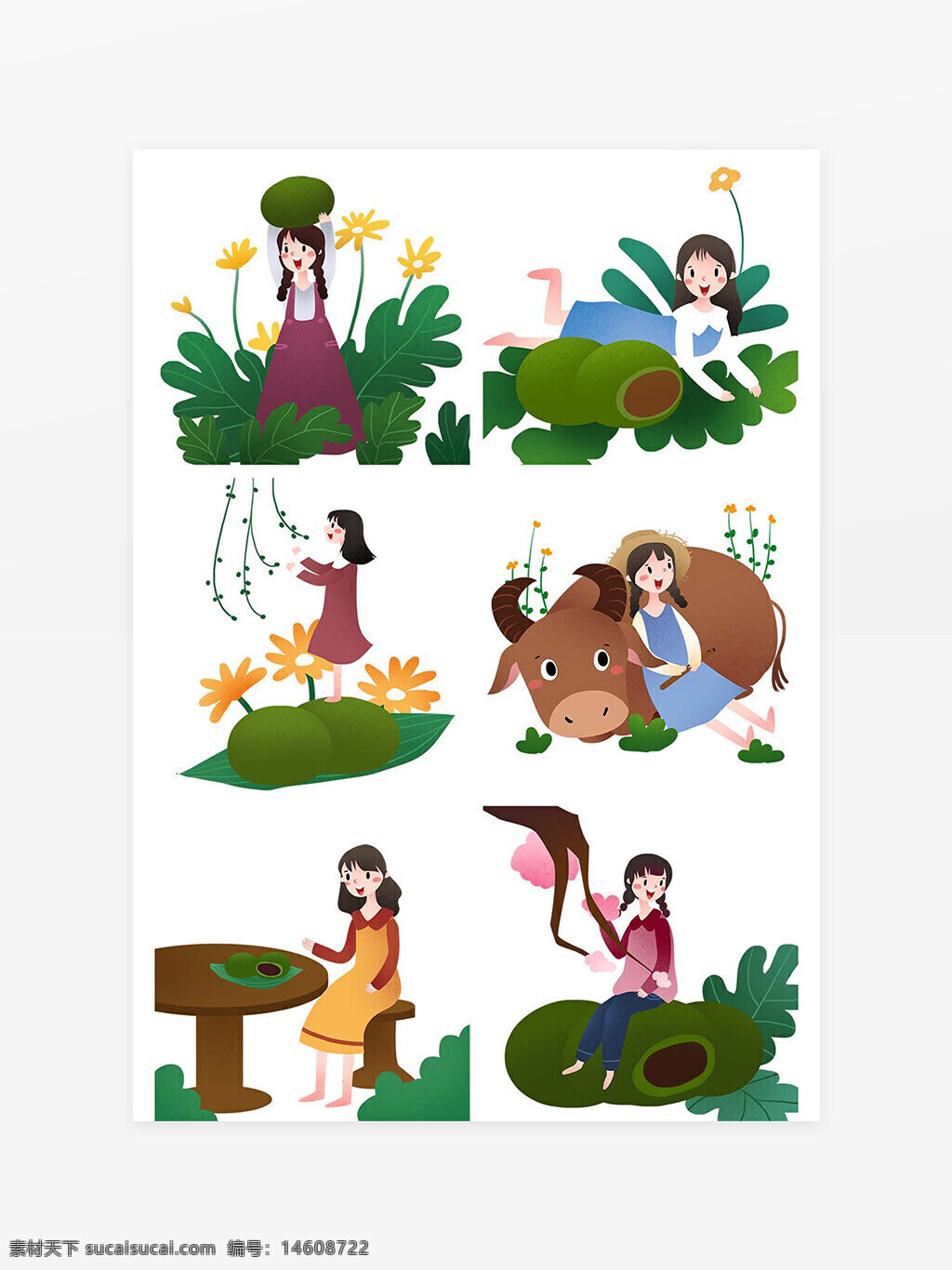 清明节 节日习俗 卡通手绘 清新风格 设计元素 插画素材 春天 踏青 扫墓 祭祖 自然风景 田园风光 牛图案 传统文化 亲子互动