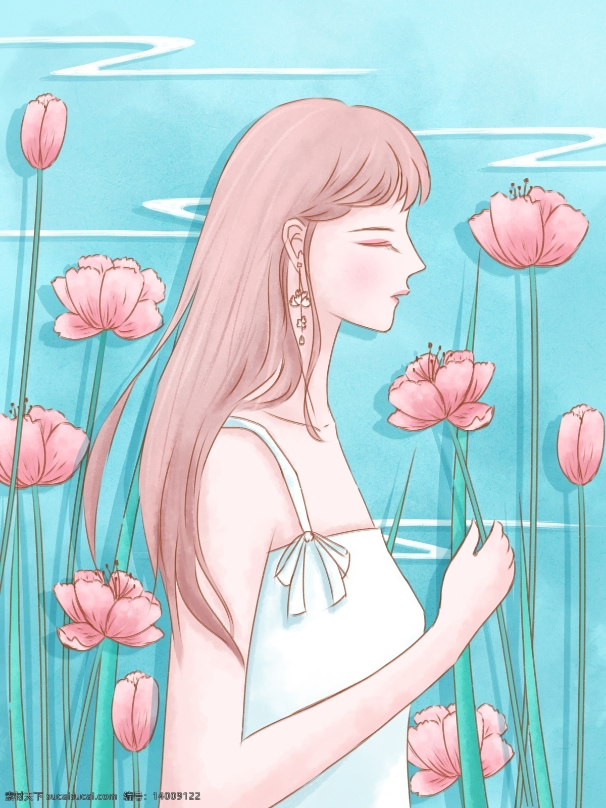 花束 女孩 唯美 清新 插画 云 蓝色 壁纸 花 水彩 背景