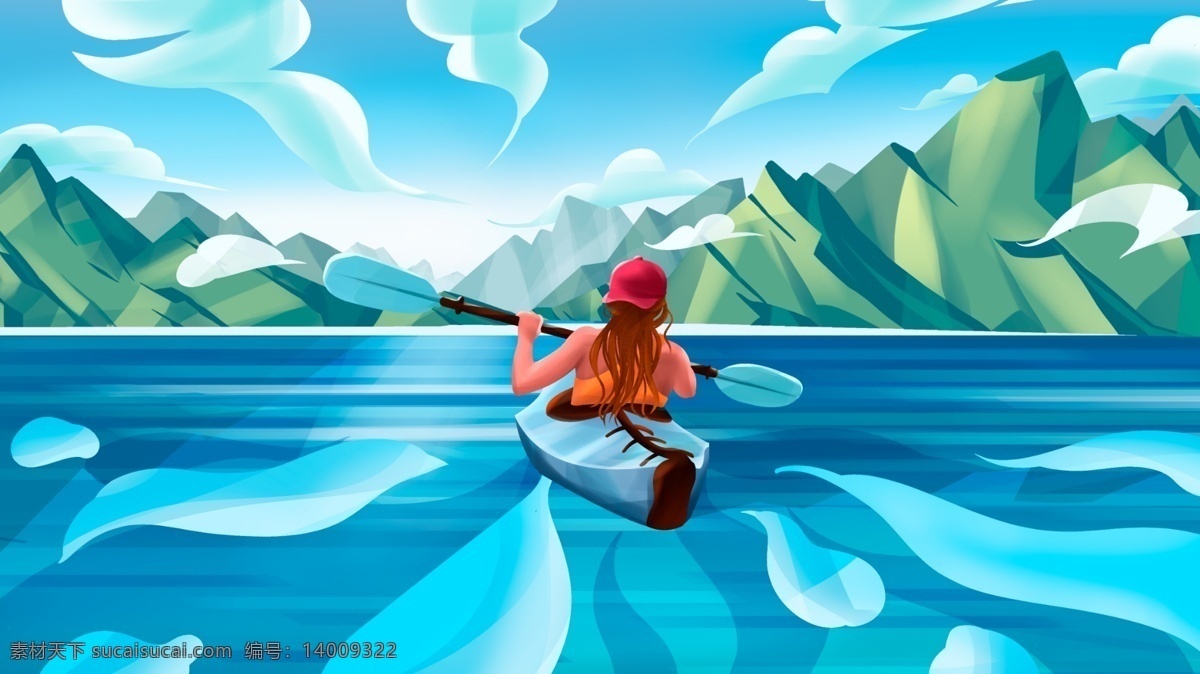 春季 正 能量 健身 运动 插画 原创 划船 壁纸海报 人物 场景 远山 健康 正能量