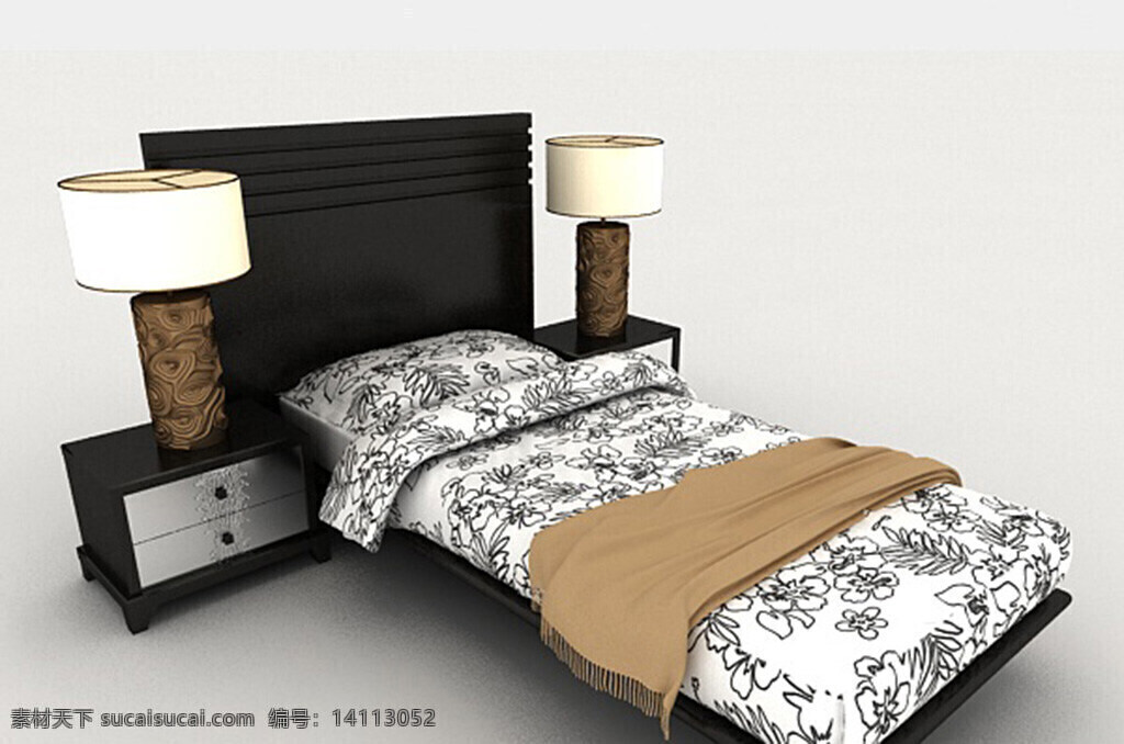新 中式 风格 单人床 3d 模型 3d模型下载 3dmax 中式风格模型 黑色模型 白色