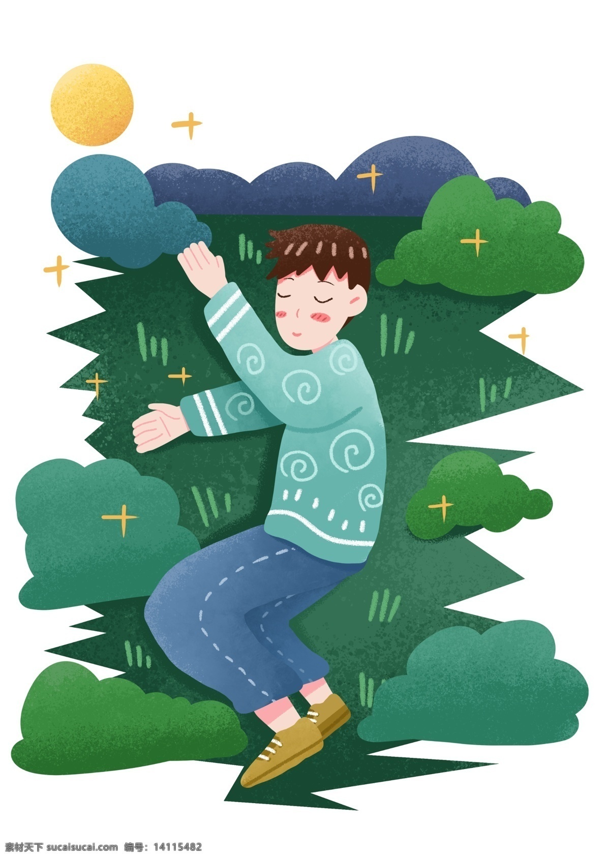 草地 上 睡觉 小 男孩 插画 绿色的草地 睡觉的小男孩 世界睡眠日 创意节日 睡眠 绿色植物装饰 卡通插画