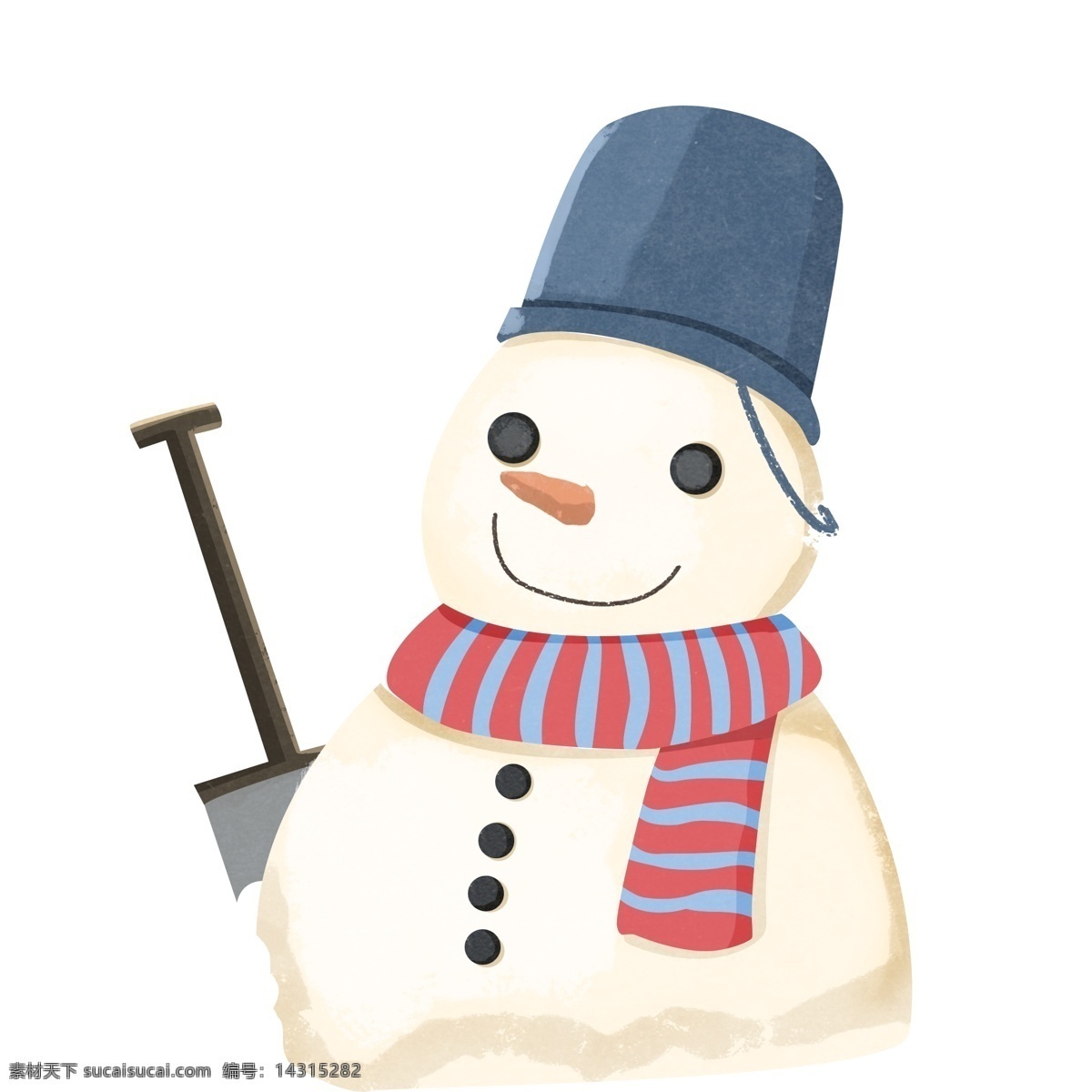 微笑 雪人 手绘 卡通 简约 冬季 冬天 插画 铲子 铁桶