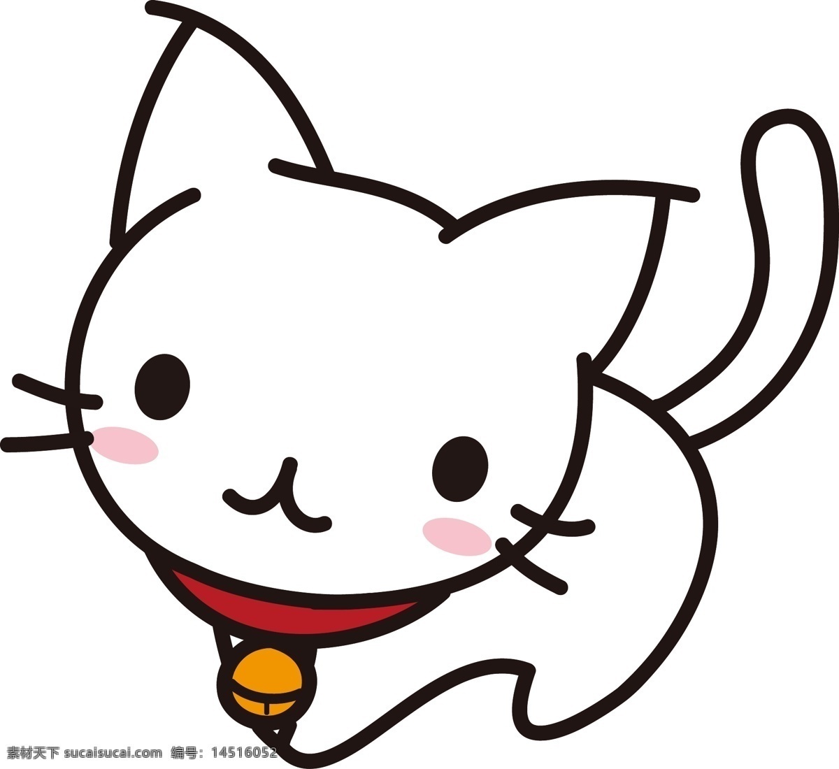 矢量 手绘 卡通 白色 猫咪 铃铛 可爱 尾巴 分色 黄色 红色 黑色 描边猫咪 可爱猫咪