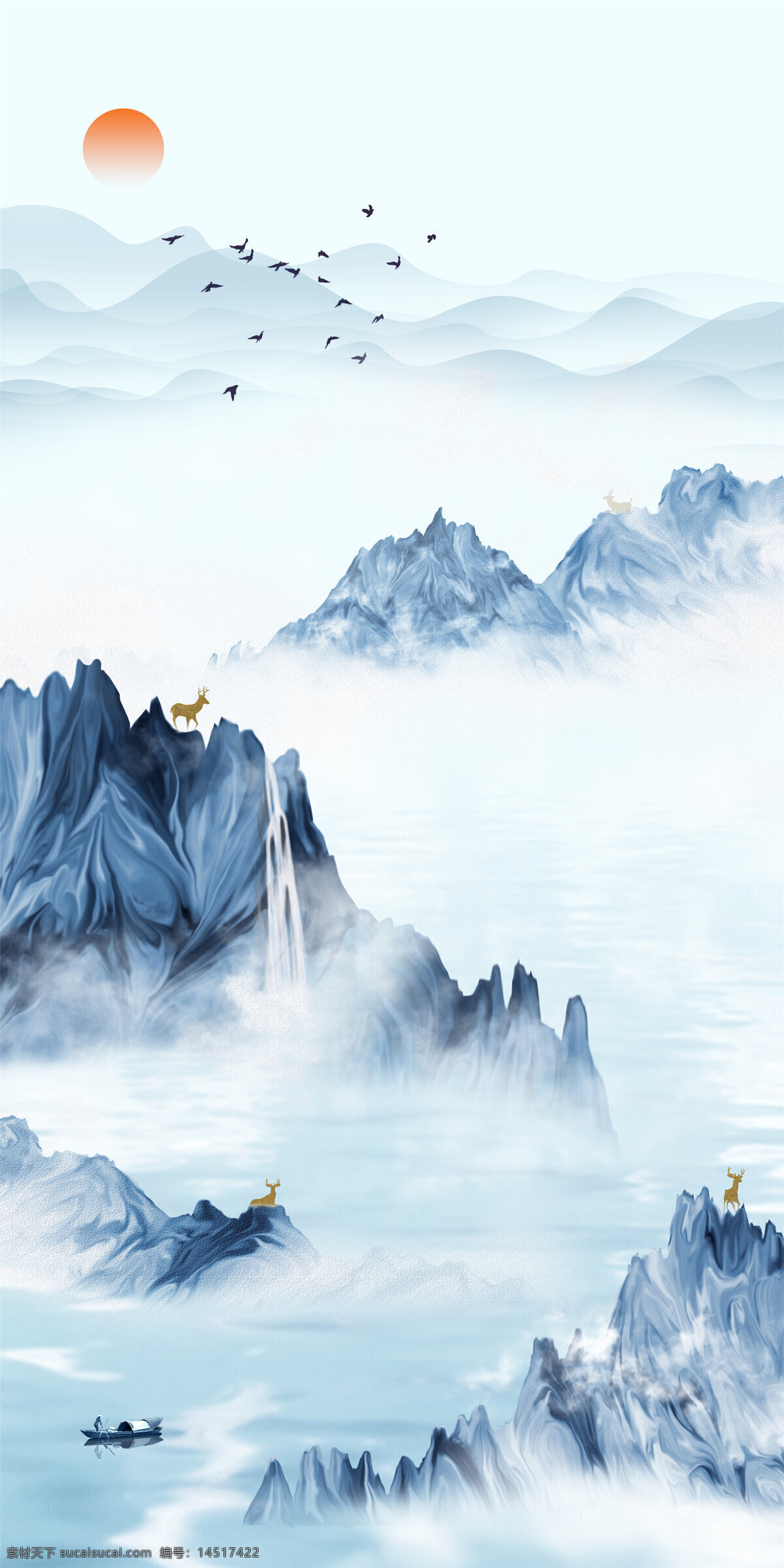 新 中式 装饰画 背景 太阳 鸟 船 山水 云雾