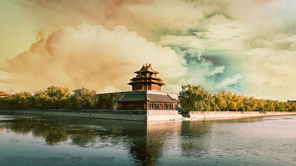 古建筑 平静湖面 自然风景 名胜古迹 水面倒影 中国古风 传统文化 风景如画 古典建筑 城墙角楼 蓝天白云 历史遗迹 文化旅游