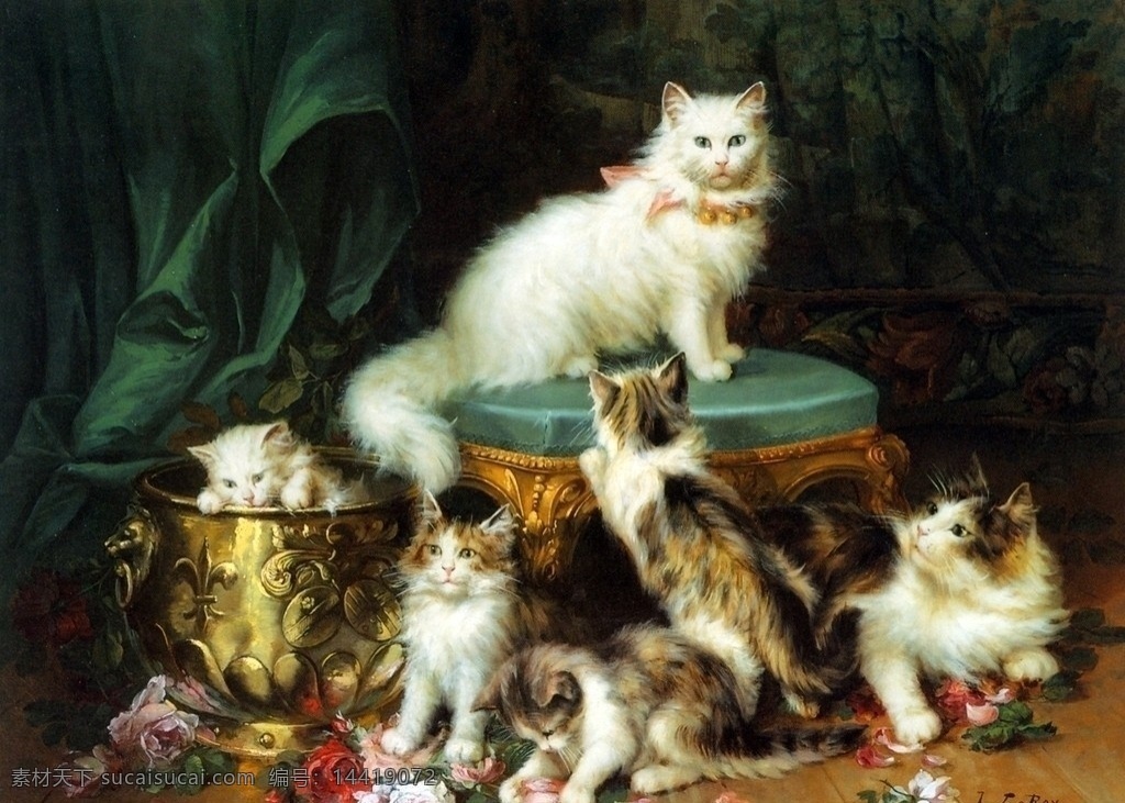 娱乐时间 朱尔斯勒罗伊 法国 小猫 鲜花 游戏 玩耍 宠物 油画 世界名画 动物 绘画书法 文化艺术